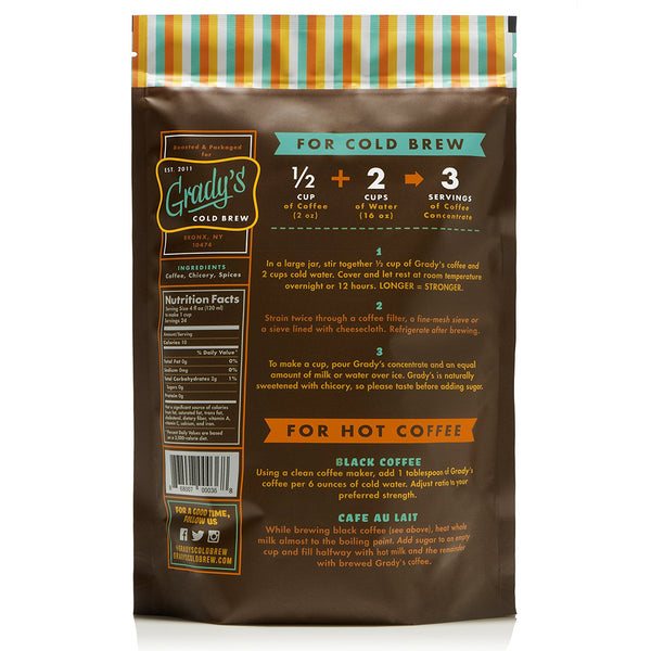 Back of Grady’s Cold Brew coffee bag showing brewing instructions for both cold and hot coffee. The top highlights the cold brew ratio: ½ cup of coffee, 2 cups of water, makes 3 servings. Step-by-step instructions follow. The lower section provides directions for hot coffee and café au lait. Nutritional facts, ingredients (coffee, chicory, spices), and social media links appear on the left. The design includes colorful stripes across the top and a brown background with teal and orange accents.