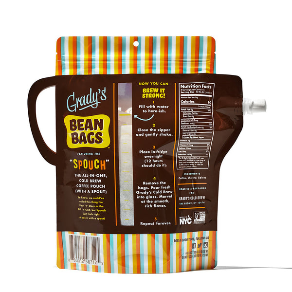 Back view of Grady’s Cold Brew Bean Bags French Vanilla “Spouch” pouch. The packaging outlines five brewing steps alongside a visible scale marking the water fill level. Text includes: “Fill with water to here-ish,” “Close the zipper and gently shake,” “Place in fridge overnight,” “Remove the bags. Pour fresh Grady’s Cold Brew into glass,” and “Repeat forever.” A nutrition facts panel appears on the upper right. The bottom lists ingredients as coffee, chicory, and spices.