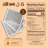 Grady’s French Vanilla Cold Brew nutrition label shown next to a stack of bean bags on a tan background. The image notes that each bundle contains four 2-ounce bean bags, and the box includes six bundles. A callout explains that 6 ounces of Grady’s concentrate contains about 190 milligrams of caffeine, equal to two cups of coffee. Ingredients listed are coffee, chicory, natural vanilla flavor, and spices.