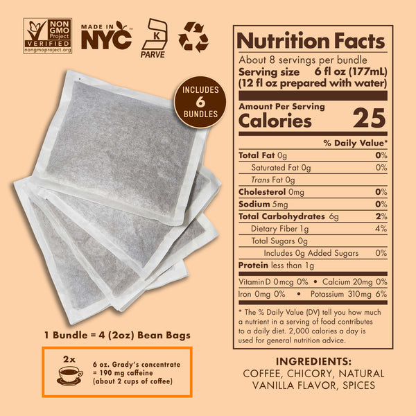 Grady’s French Vanilla Cold Brew nutrition label shown next to a stack of bean bags on a tan background. The image notes that each bundle contains four 2-ounce bean bags, and the box includes six bundles. A callout explains that 6 ounces of Grady’s concentrate contains about 190 milligrams of caffeine, equal to two cups of coffee. Ingredients listed are coffee, chicory, natural vanilla flavor, and spices.