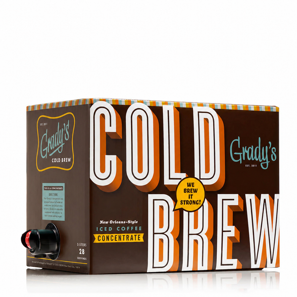 Grady's Cold Brew New Orleans-Style Iced Coffee Concentrate 5-liter bag-in-box package with dispensing spout, shown at an angle on a white background.