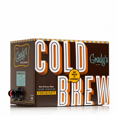 Grady's Cold Brew New Orleans-Style Iced Coffee Concentrate 5-liter bag-in-box package with dispensing spout, shown at an angle on a white background.