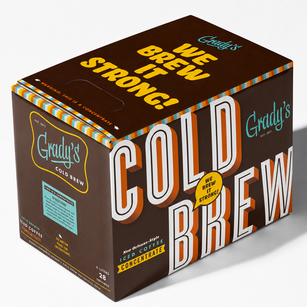 Angled top and side view of Grady's Cold Brew New Orleans-Style Iced Coffee Concentrate 5-liter bag-in-box package with 28 servings.