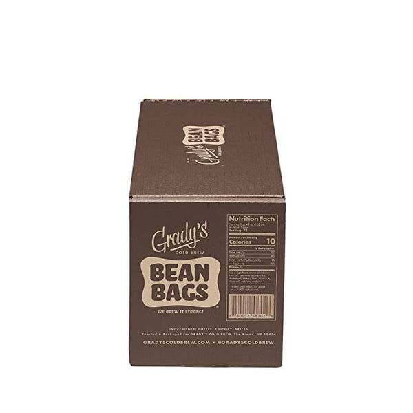 Brown Grady’s Cold Brew Bean Bags box shown from the side, featuring the product logo and nutrition facts panel.