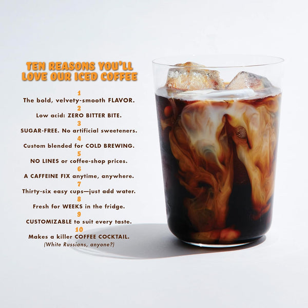 Glass of iced cold brew coffee with cream swirling through the drink and ice cubes visible at the top, set against a light background. Text lists ten reasons to love Grady's Cold Brew iced coffee, including bold smooth flavor, low acidity, no artificial sweeteners, custom blending for cold brewing, avoiding coffee shop lines and prices, convenient caffeine anytime, thirty-six cups per kit, weeks of freshness in the refrigerator, customizable flavor options, and suitability for coffee cocktails. The image hi
