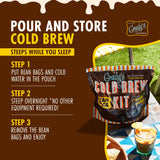 Instructional graphic showing how to make Grady’s Cold Brew: add bean bags and cold water, steep overnight, remove bags, and enjoy.