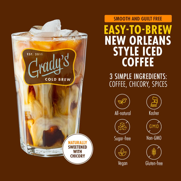 Tall glass of Grady's Cold Brew iced coffee with cream swirling through the coffee and ice cubes visible at the top. Text highlights New Orleans-style iced coffee made with three simple ingredients: coffee, chicory, and spices. Product benefits shown include all-natural, kosher, sugar-free, non-GMO, vegan, and gluten-free. A callout notes the coffee is naturally sweetened with chicory. Brown background with Grady's Cold Brew branding and product information.