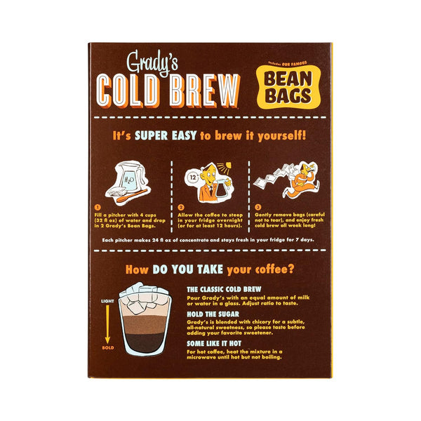 Instructional graphic titled “Grady’s Cold Brew Bean Bags” showing step-by-step brewing instructions, including adding water and bean bags, steeping overnight, and removing the bags. The image also includes guidance on serving strength and options for drinking cold or hot.