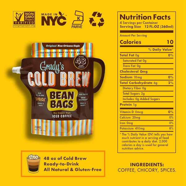 Grady's Cold Brew Original New Orleans Style Bean Bags package displayed with nutrition facts and ingredient information on a yellow background. The package makes 48 fluid ounces of New Orleans-style iced coffee and features Grady's colorful striped branding. Icons indicate Non-GMO Project Verified, Made in NYC, Kosher Parve, and recyclable packaging. Nutrition facts show 10 calories per 12-fluid-ounce serving, with four servings per container. Ingredients include coffee, chicory, and spices. A callout note