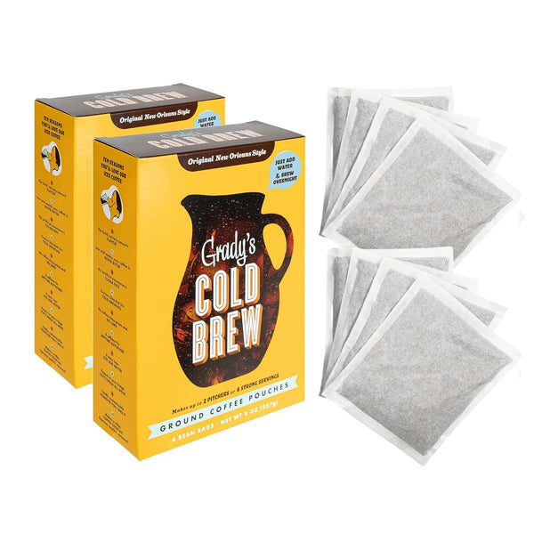Product image of Grady’s Cold Brew ground coffee pouch boxes on a white background, shown with several individual coffee bean bags removed from the packaging.