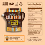 Grady's Cold Brew French Vanilla Bean Bags package shown alongside nutrition facts and ingredient information. The package makes 48 fluid ounces of New Orleans-style iced coffee and features colorful striped accents. Icons indicate Non-GMO Project Verified, Made in NYC, Kosher Parve, and recyclable packaging. Nutrition facts show 10 calories per 12-fluid-ounce serving, with four servings per container. Ingredients include coffee, chicory, natural vanilla flavor, and spices. A callout notes the product makes