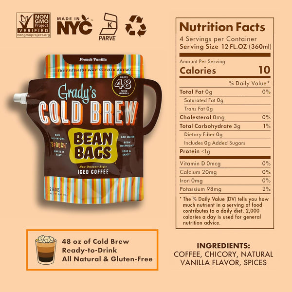 Grady's Cold Brew French Vanilla Bean Bags package shown alongside nutrition facts and ingredient information. The package makes 48 fluid ounces of New Orleans-style iced coffee and features colorful striped accents. Icons indicate Non-GMO Project Verified, Made in NYC, Kosher Parve, and recyclable packaging. Nutrition facts show 10 calories per 12-fluid-ounce serving, with four servings per container. Ingredients include coffee, chicory, natural vanilla flavor, and spices. A callout notes the product makes
