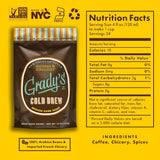 Grady's Cold Brew New Orleans-Style Coffee & Chicory ground coffee package displayed with nutrition facts and ingredient information on a yellow background. The medium dark roast coffee is made with 100% Arabica beans and imported French chicory and is suitable for both hot and cold brewing. Icons indicate Non-GMO Project Verified, Made in NYC, Kosher Parve, and recyclable packaging. Nutrition facts show 10 calories per 4-fluid-ounce serving used to make one cup, with 24 servings per bag. Ingredients includ