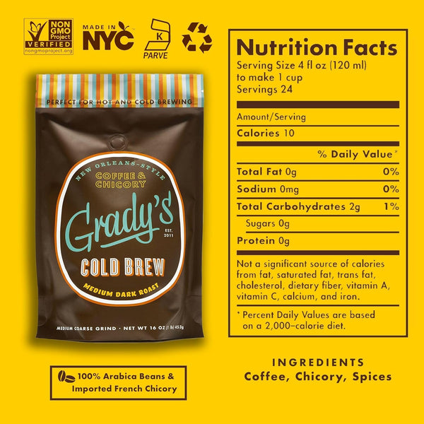 Grady's Cold Brew New Orleans-Style Coffee & Chicory ground coffee package displayed with nutrition facts and ingredient information on a yellow background. The medium dark roast coffee is made with 100% Arabica beans and imported French chicory and is suitable for both hot and cold brewing. Icons indicate Non-GMO Project Verified, Made in NYC, Kosher Parve, and recyclable packaging. Nutrition facts show 10 calories per 4-fluid-ounce serving used to make one cup, with 24 servings per bag. Ingredients includ