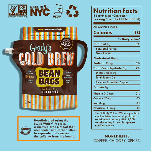 Grady's Cold Brew Decaf New Orleans Style Bean Bags package displayed with nutrition facts and ingredient information on a light blue background. The package makes 48 fluid ounces of New Orleans-style iced coffee and features Grady's colorful striped branding. Icons indicate Non-GMO Project Verified, Made in NYC, Kosher Parve, and recyclable packaging. Nutrition facts show 10 calories per 12-fluid-ounce serving, with four servings per container. Ingredients include coffee, chicory, and spices. A callout exp