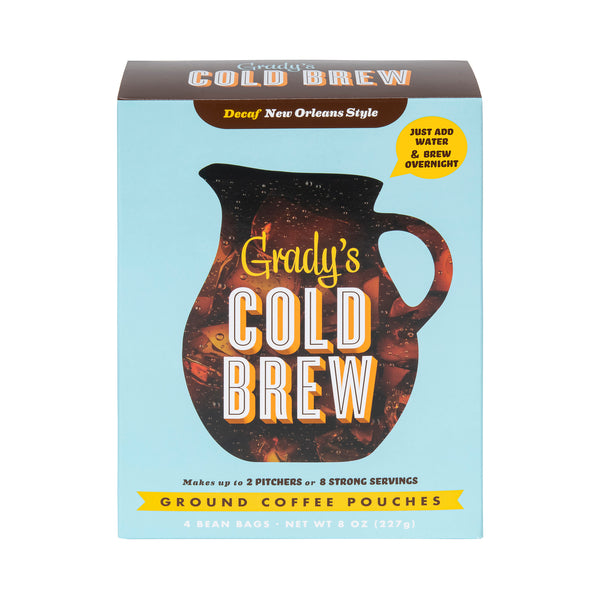 Grady’s Cold Brew Bean Bags, Decaf New Orleans Style, 4 pouches (8 oz), makes up to 2 pitchers; brew overnight.”