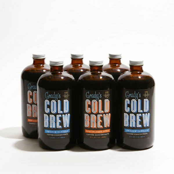 Grady’s Cold Brew Coffee Concentrate Variety Pack featuring six 32 oz glass bottles on a white background with alternating New Orleans–Style and French Vanilla flavors.