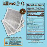 Graphic of Grady’s Decaf Cold Brew Bean Bag Bundles on a teal background, showing a stack of four filter-style bean bags with icons for Non-GMO Project Verified, Made in NYC, Kosher Parve, and recycling. A badge reads “Includes 6 bundles” and text says “1 bundle = 4 (2 oz) bean bags.” On the right is a Nutrition Facts panel: about 8 servings per bundle, serving size 6 fl oz (12 fl oz prepared), 30 calories, 0 g fat, 6 g carbs, less than 1 g sugar and protein, 8 mg sodium, 281 mg potassium.