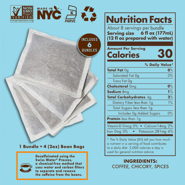 Graphic of Grady’s Decaf Cold Brew Bean Bag Bundles on a teal background, showing a stack of four filter-style bean bags with icons for Non-GMO Project Verified, Made in NYC, Kosher Parve, and recycling. A badge reads “Includes 6 bundles” and text says “1 bundle = 4 (2 oz) bean bags.” On the right is a Nutrition Facts panel: about 8 servings per bundle, serving size 6 fl oz (12 fl oz prepared), 30 calories, 0 g fat, 6 g carbs, less than 1 g sugar and protein, 8 mg sodium, 281 mg potassium.