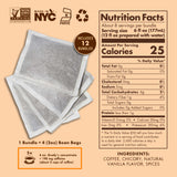 Product info graphic for Grady’s French Vanilla Cold Brew Bean Bag Bundles, showing a stack of four paper brew bags on a tan background next to a Nutrition Facts panel (about 8 servings per bundle, 25 calories per 6 fl oz prepared), Non-GMO, Made in NYC, Kosher and recycle icons, a badge stating Includes 12 Bundles, caffeine note for 6 oz concentrate, and ingredients listed as coffee, chicory, natural vanilla flavor, and spices.