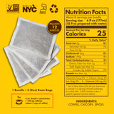 Grady’s Cold Brew nutrition graphic on a yellow background showing four stacked 2 oz bean bag bundles, callout for 12 bundles per box, Non-GMO, Made in NYC, kosher and recycle icons, a Nutrition Facts panel, and ingredients listed as coffee, chicory and spices with a note that 6 oz concentrate has about 190 mg caffeine (around two cups of coffee).