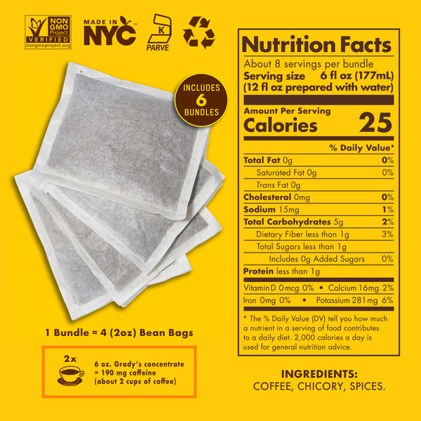 Yellow Grady’s Cold Brew nutrition graphic showing four stacked cold brew bean bags on the left and a Nutrition Facts panel on the right, labeled ‘Includes 6 bundles,’ with 25 calories per 6 fl oz serving, note that 1 bundle equals four 2 oz bean bags, caffeine callout, ingredients listed as coffee, chicory, spices, and icons for Non-GMO Project Verified, Made in NYC, kosher, and recycling.