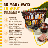 Grady’s Cold Brew Kit pouch on an outdoor table beside a glass of iced coffee and chocolate pieces, with on-screen text that reads “So many ways to enjoy” and lists recipe ideas using the cold brew, including iced coffee, Grady’s hot brew, Grady’s affogato, and an espresso martini with simple ingredient callouts
