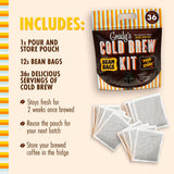 Flat-lay of Grady’s Cold Brew Kit pouch with several bean bags, next to text listing what’s included: one pour-and-store pouch, twelve bean bags, and thirty-six servings of cold brew, plus notes that the coffee stays fresh for two weeks once brewed, the pouch can be reused, and brewed coffee should be stored in the fridge.