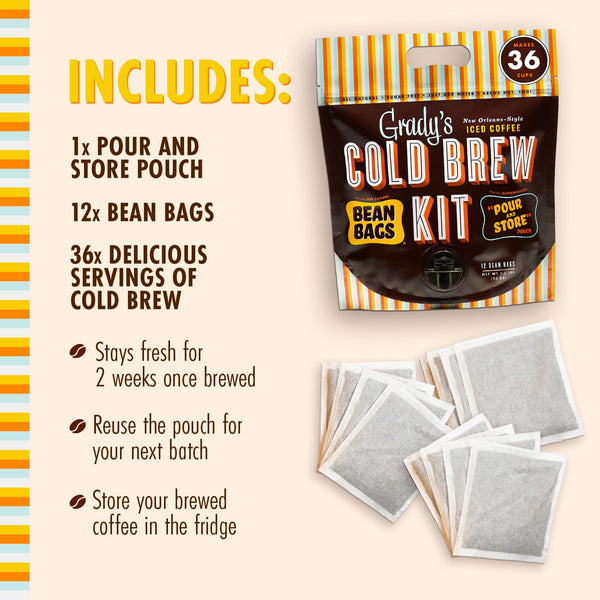 Flat-lay of Grady’s Cold Brew Kit pouch with several bean bags, next to text listing what’s included: one pour-and-store pouch, twelve bean bags, and thirty-six servings of cold brew, plus notes that the coffee stays fresh for two weeks once brewed, the pouch can be reused, and brewed coffee should be stored in the fridge.