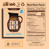 Front of Grady’s French Vanilla Cold Brew Bean Bag Box shown next to its full Nutrition Facts panel on a tan background. The box displays the pitcher graphic, product name, and icons for Non-GMO, Made in NYC, Kosher, and recycling. A small callout notes caffeine content. Ingredients listed are coffee, chicory, natural vanilla flavor, and spices.