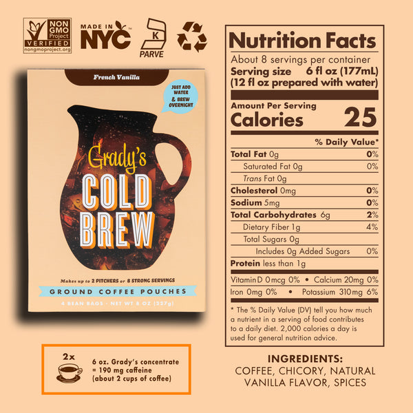 Front of Grady’s French Vanilla Cold Brew Bean Bag Box shown next to its full Nutrition Facts panel on a tan background. The box displays the pitcher graphic, product name, and icons for Non-GMO, Made in NYC, Kosher, and recycling. A small callout notes caffeine content. Ingredients listed are coffee, chicory, natural vanilla flavor, and spices.