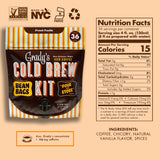 Front of Grady’s French Vanilla Cold Brew Kit Bean Bags pouch on a beige background, with certification icons, a nutrition panel showing 15 calories per serving, ingredients listed as coffee, chicory, natural vanilla flavor, and spices, and a note that the kit makes 36 cups and 4 oz of concentrate contains 126 mg caffeine.
