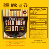 Front of Grady’s Cold Brew Kit Bean Bags pouch on a yellow background, shown with icons and a nutrition panel listing 10 calories per serving and ingredients coffee, chicory, and spices, noting the kit makes 36 cups.