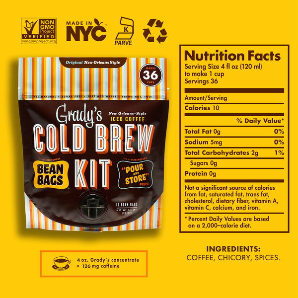 Front of Grady’s Cold Brew Kit Bean Bags pouch on a yellow background, shown with icons and a nutrition panel listing 10 calories per serving and ingredients coffee, chicory, and spices, noting the kit makes 36 cups.