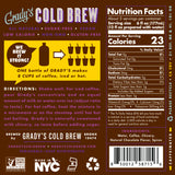 Back label of a Grady’s Cold Brew bottle showing product information, including “Grady’s Cold Brew,” claims such as all natural, sugar-free, vegan, low calorie, non-GMO, and gluten-free, brewing instructions, ingredients, and a Nutrition Facts panel listing 23 calories per serving, along with icons for Non-GMO, Made in NYC, kosher certification, and recycling.