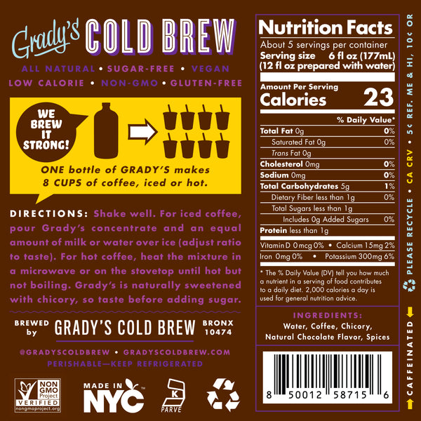Back label of a Grady’s Cold Brew bottle showing product information, including “Grady’s Cold Brew,” claims such as all natural, sugar-free, vegan, low calorie, non-GMO, and gluten-free, brewing instructions, ingredients, and a Nutrition Facts panel listing 23 calories per serving, along with icons for Non-GMO, Made in NYC, kosher certification, and recycling.