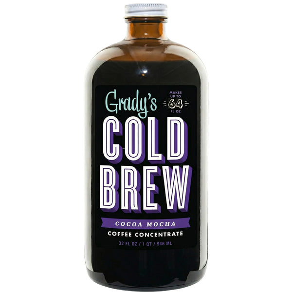 Glass bottle of Grady’s Cold Brew Cocoa Mocha coffee concentrate, 32 fl oz, featuring a black label with bold white and purple “Cold Brew” lettering and a note indicating it makes up to 64 fl oz
