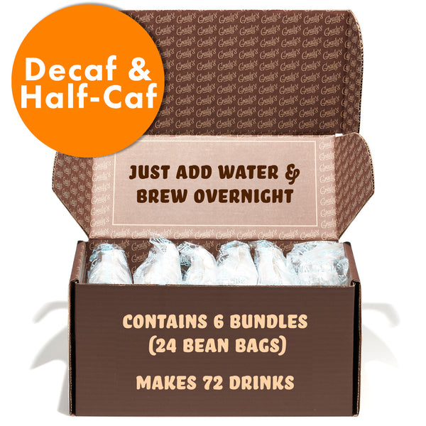 "Open Grady’s Cold Brew box showing Decaf & Half-Caf variety. Packaging highlights 'Just add water & brew overnight' and 'Contains 6 bundles (24 Bean Bags). Makes 72 drinks.' [collection-only]