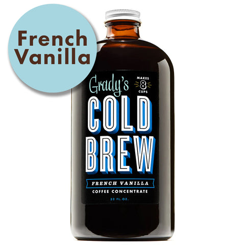 Grady’s Cold Brew French Vanilla Coffee Concentrate in a 32-ounce glass bottle with a silver cap. The label reads “Grady’s Cold Brew – French Vanilla – Coffee Concentrate – Makes 8 Cups.” A light blue circle in the top left corner says “French Vanilla.” Bottle is shown on a white background. [collection-only]