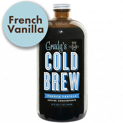 [collection-only] Cold Brew French Vanilla Coffee Concentrate in a 32-ounce glass bottle with a silver cap. A light blue circle in the top left corner says “French Vanilla.” Bottle is shown on a white background.