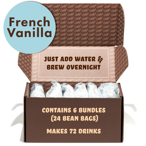 Open Grady's Cold Brew French Vanilla shipping box with six wrapped bundles inside. Box text reads: "Just add water & brew overnight. Contains 6 bundles (24 Bean Bags). Makes 72 drinks."[collection-only]