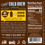 Back label of a Grady’s Cold Brew French Vanilla bottle showing product details including “Grady’s Cold Brew,” claims such as all natural, sugar-free, vegan, low calorie, non-GMO, and gluten-free, brewing directions, ingredients (water, coffee, chicory, natural vanilla flavor, spices), and a Nutrition Facts panel listing 23 calories per serving, along with icons for Non-GMO Project Verified, Made in NYC, kosher certification, and recycling.