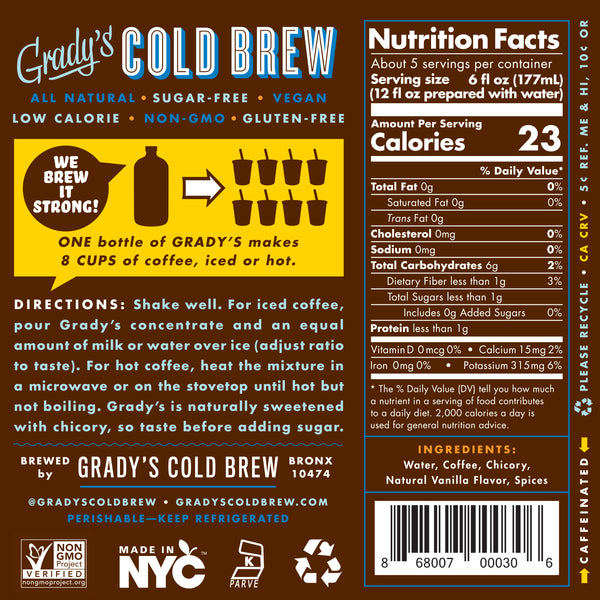 Back label of a Grady’s Cold Brew French Vanilla bottle showing product details including “Grady’s Cold Brew,” claims such as all natural, sugar-free, vegan, low calorie, non-GMO, and gluten-free, brewing directions, ingredients (water, coffee, chicory, natural vanilla flavor, spices), and a Nutrition Facts panel listing 23 calories per serving, along with icons for Non-GMO Project Verified, Made in NYC, kosher certification, and recycling.