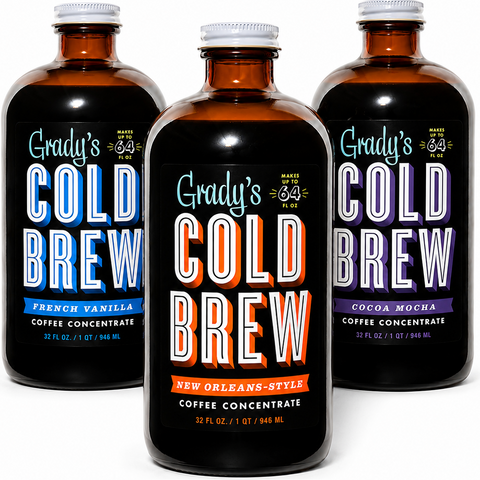 Grady's Cold Brew Variety Pack featuring New Orleans-Style, French Vanilla, and Cocoa Mocha coffee concentrate bottles.