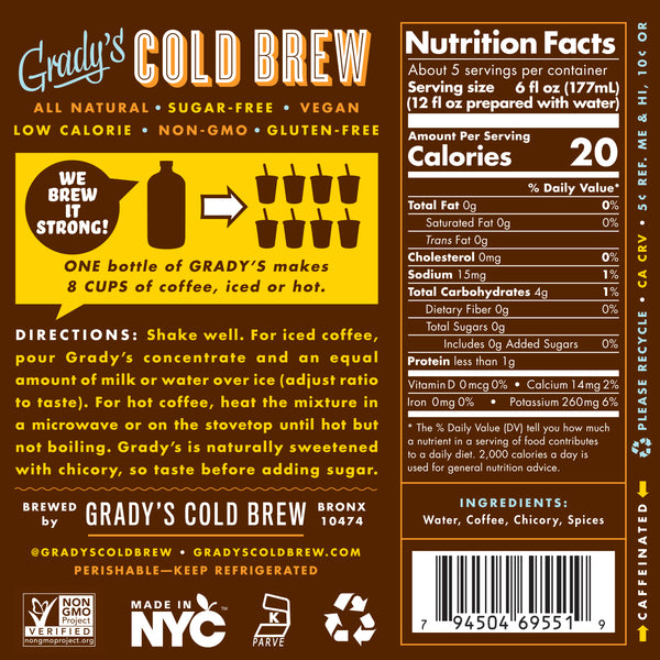 Back label of a Grady’s Cold Brew bottle showing product information including “Grady’s Cold Brew,” claims such as all natural, sugar-free, vegan, low calorie, non-GMO, and gluten-free, brewing directions, ingredients (water, coffee, chicory, spices), and a Nutrition Facts panel listing 20 calories per serving, along with icons for Non-GMO Project Verified, Made in NYC, kosher certification, and recycling.