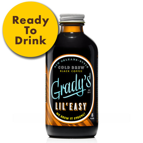 Grady’s Lil’ Easy cold brew bottle on a white background with a yellow circle that reads “Ready To Drink.” The label highlights that it’s New Orleans–style, strong, and black coffee in an 8 oz bottle. [collection-only]